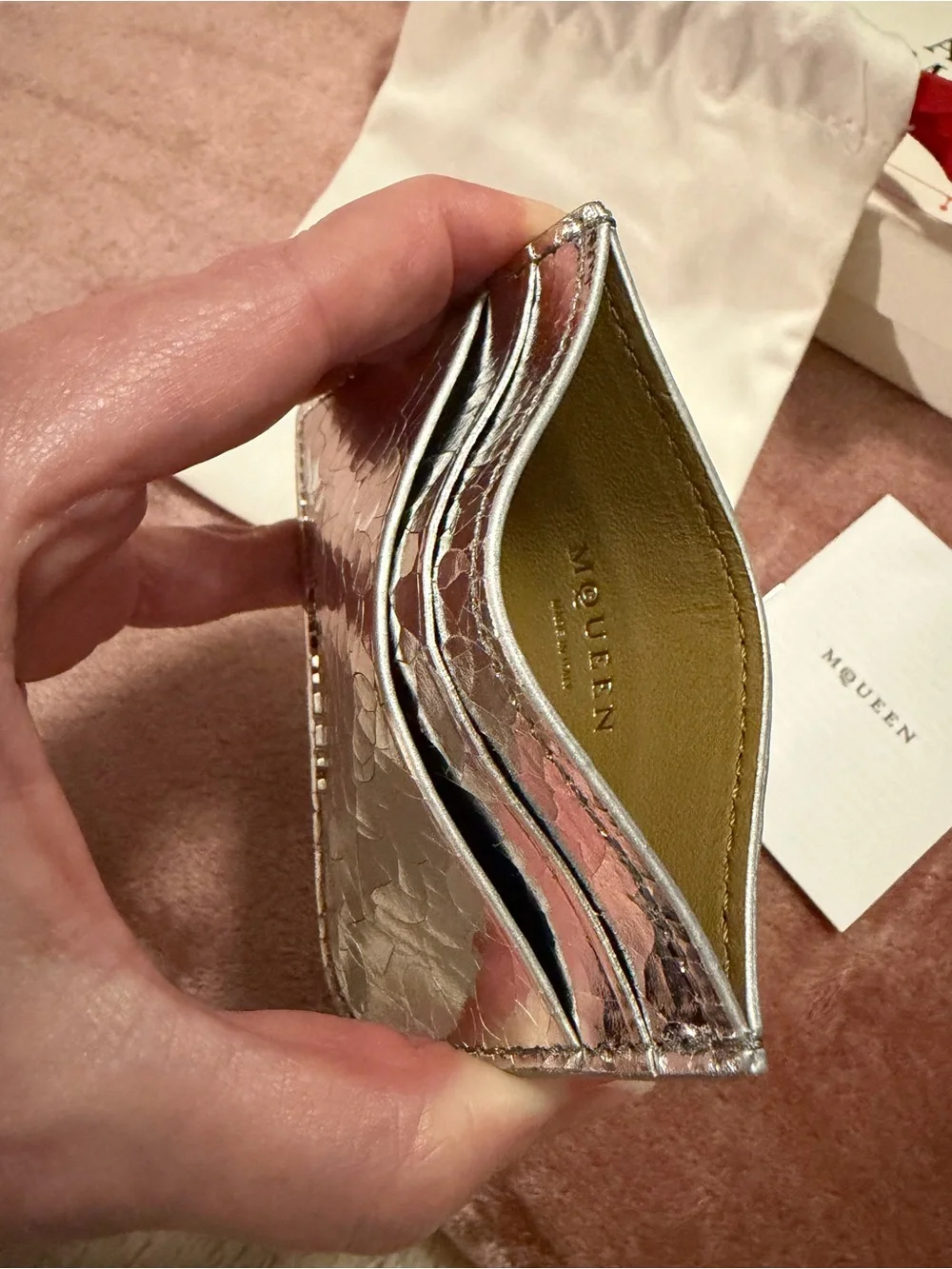 New/unused Alexander McQUEEN Silver Textured Leather Card Holder